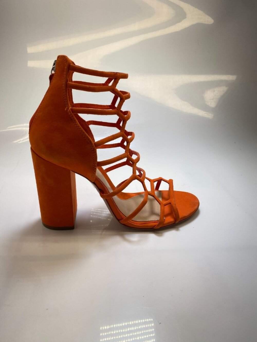 Schutz Women's Caged Ruby Red Chunky Heel Lether Sandal Sz 11